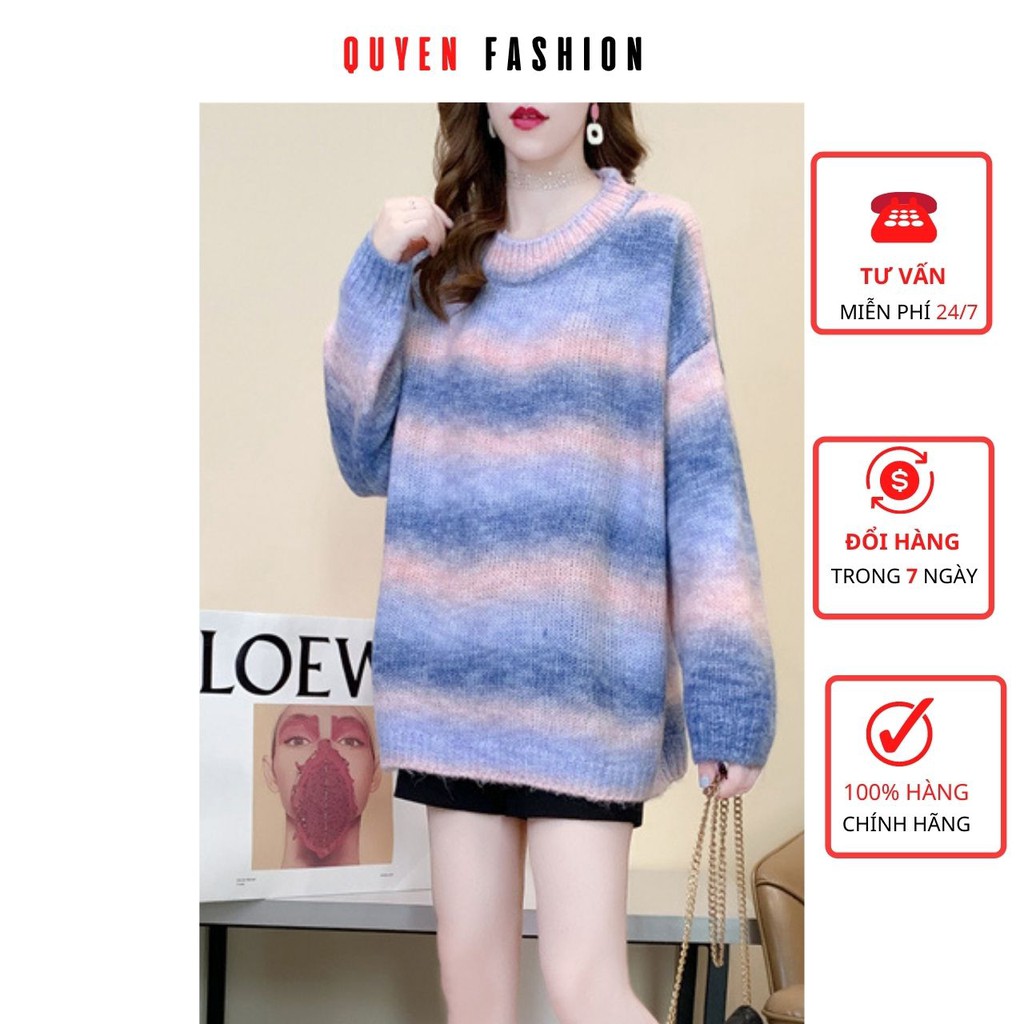 Áo Len Sọc Xanh Free Size Quyên Fashion Áo Nữ Phom Rộng Hàn Quốc Trễ Vai