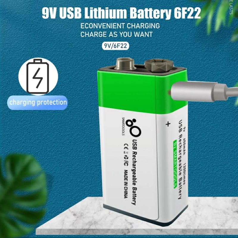 Pin sạc 9V 650mAh tặng kèm cáp sạc type C cho cảm biến báo cháy, đồng hồ vạn năng, bộ đàm....