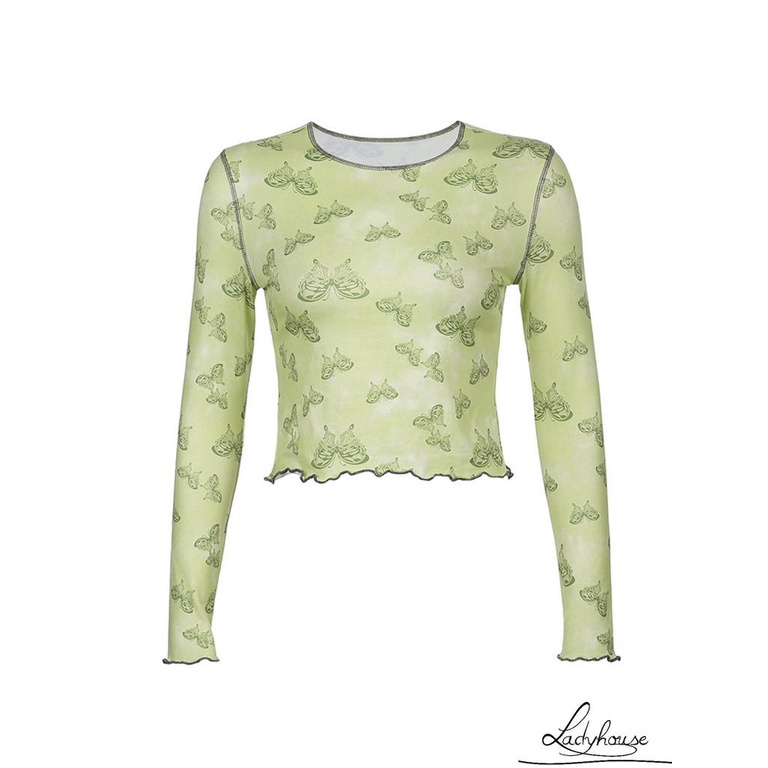 Áo thun tay dài cổ tròn in họa tiết bướm màu sắc thời trang cho nữ