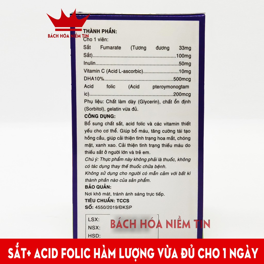 Viên uống Bổ máu Fevimax Gold bổ sung Sắt, Acid Folic cho người thiếu máu  , phụ nữ mang thai và cho con bú - Lọ 30v
