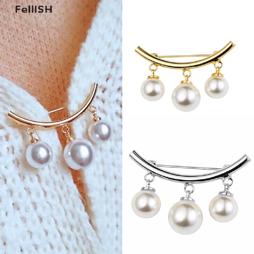 [Felli] Fashion Pearl Fixed Strap Charm Safety Pin Brooch Sweater Cardigan Clip Chain 439br