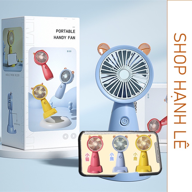 Quạt mini tích điện đeo cổ cầm tay có đế để bàn kèm theo giá đỡ điện thoại và dây đeo, nhỏ gọn dễ thương tai mèo dễ dàng