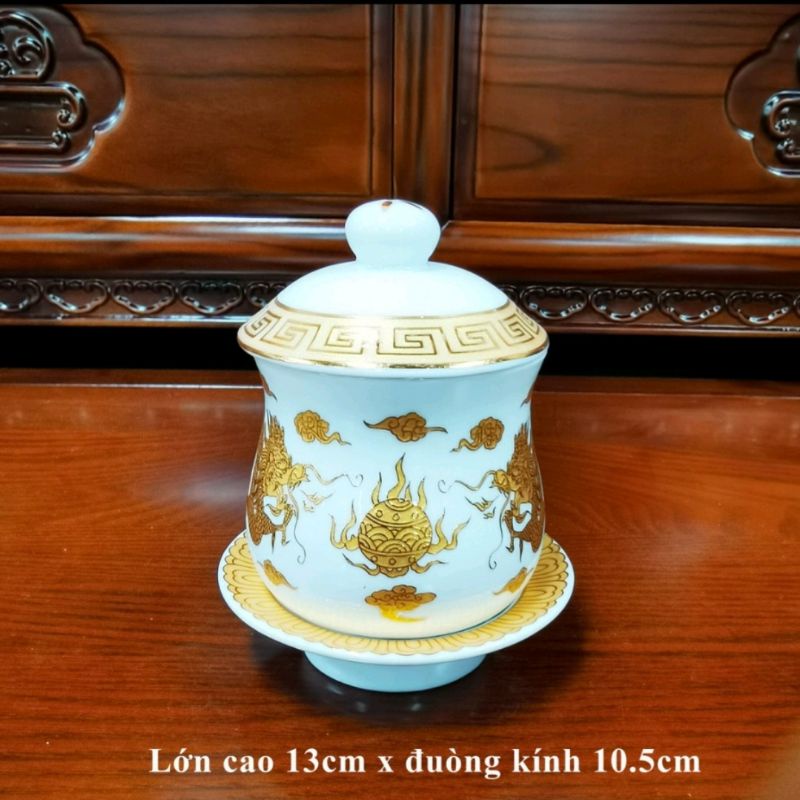 Bộ bình ,lư,dĩa thờ cúng hàng trắng họa tiết rồng vàng cao cấp-Vật phẩm thờ cúng