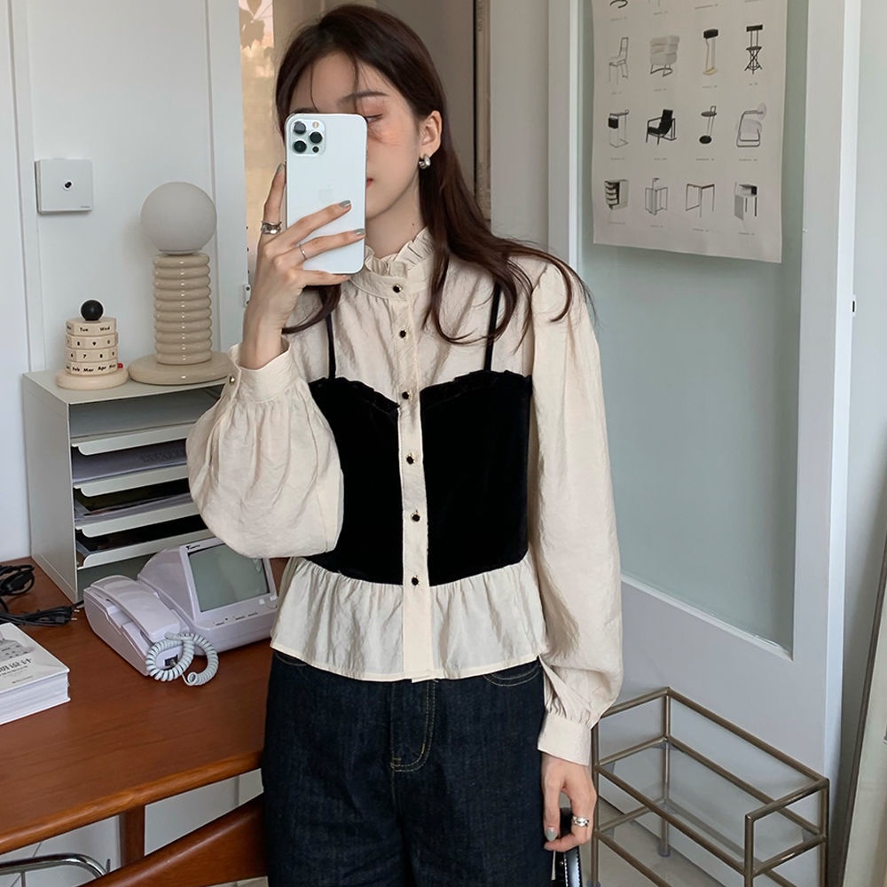 Áo Sơ Mi Tay Phồng Ngắn Cổ Đứng Hai Dây Thời Trang Mùa Xuân Kiểu Retro