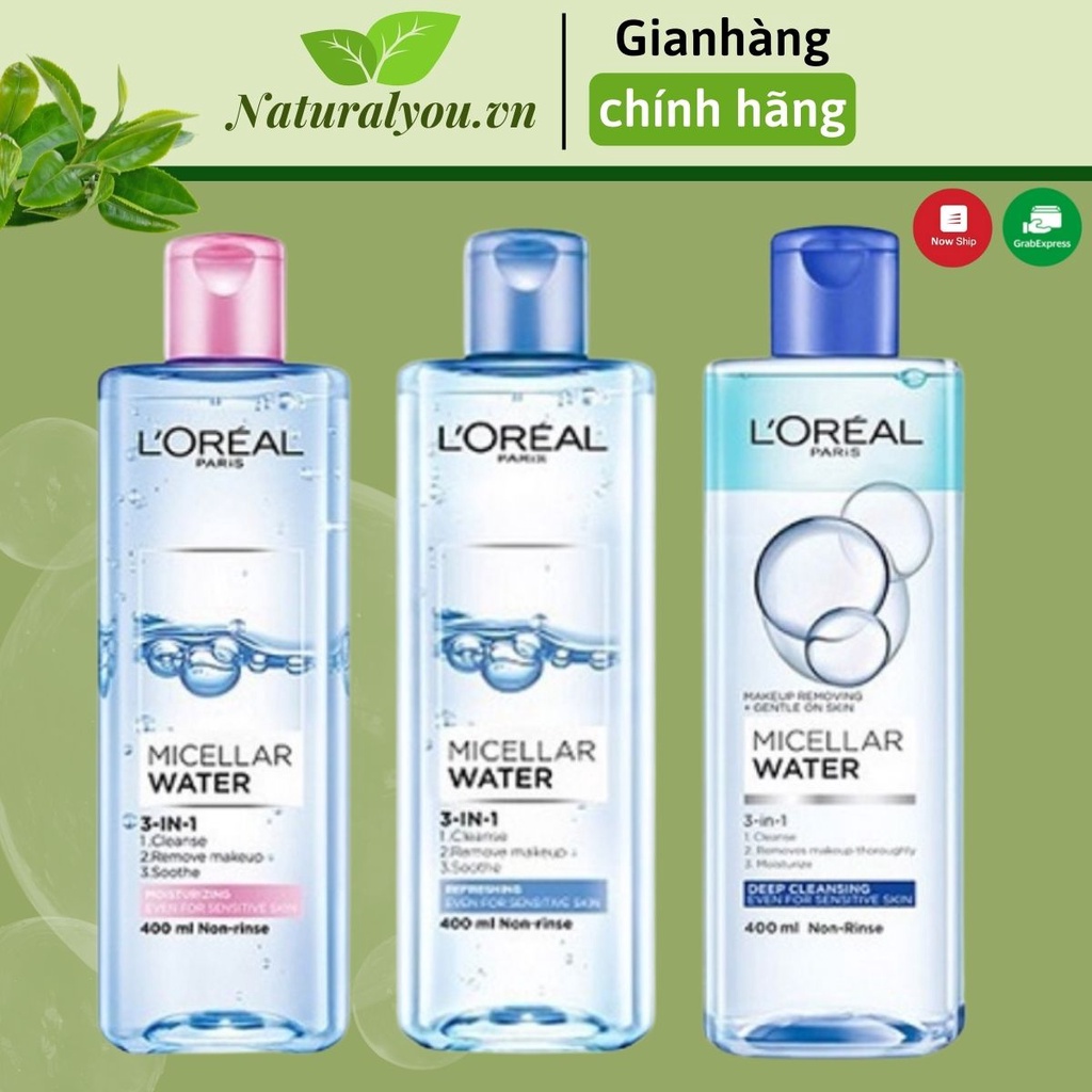 Nước Tẩy Trang Loreal 400ml Paris 3-in-1 Micellar Water Dành Cho Da Dầu Mụn, Da Khô Và Da Nhạy Cảm | Naturalyou.vn