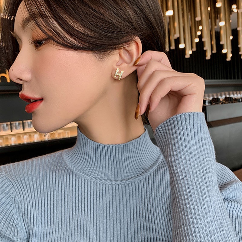 Khuyên tai bạc thiết kế chữ H đơn giản thời trang mùa hè cho nữ