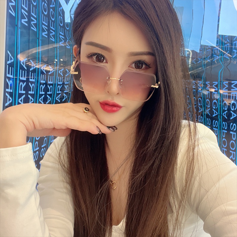 (HENGHA) Kính Râm Không Gọng Vuông Bằng Kim Loại Đa Giác Phong Cách Vintage Oversize