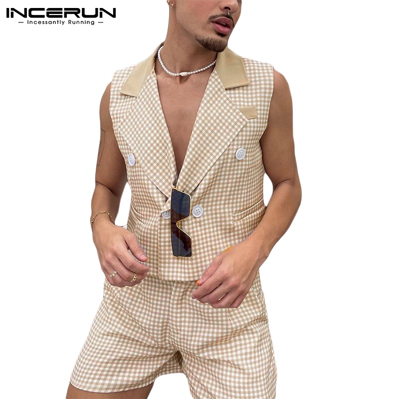 Set đồ 2 mảnh INCERUN gồm áo ghi lê và quần short sọc caro thời trang cá tính cho nam