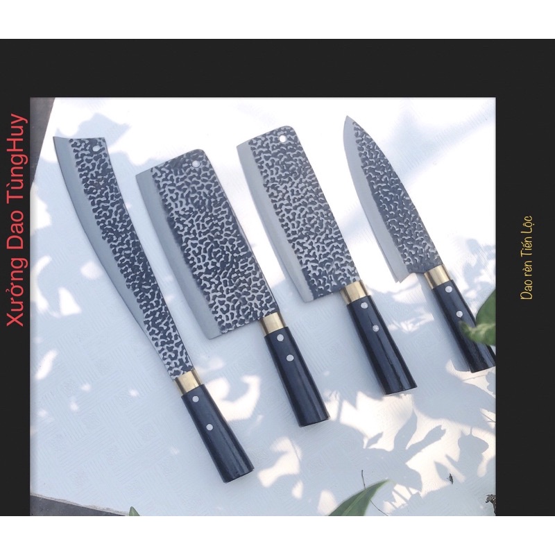 Bộ Dao Nhíp Nhà Bếp (Dao Chặt-Thái-Lọc) Làm Bằng Thép Nhíp Oto không Gỉ.Dao Dập Vân Hai Mặt Cán Gỗ Mun Phủ Sơn Đen.