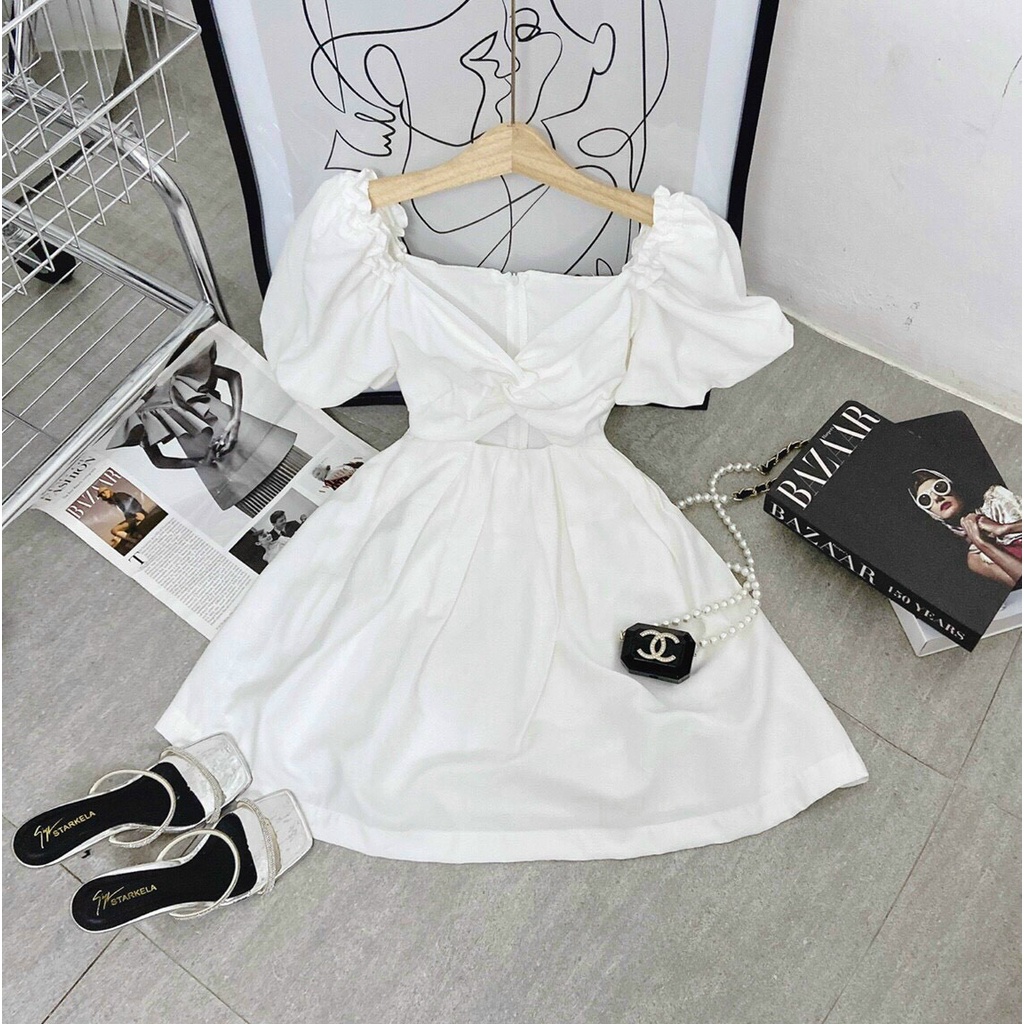 [ 8.8 Sales Freeship] Đầm trắng công chúa đi tiệc, đầm trắng tay phồng  khoét ngực dáng ngắn sexy, quyến rũ