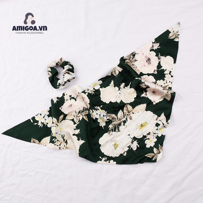 Dây Cột Tóc Cao Su Bản Lớn Thắt Nơ Tam Giác Thắt Dây In Họa Tiết Hoa Cổ Điển