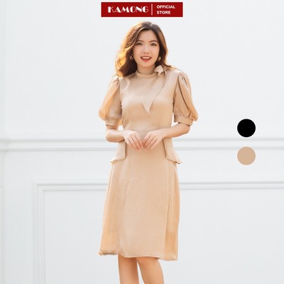 Đầm cổ lọ tay phồng đính nơ vai KAMONG D138
