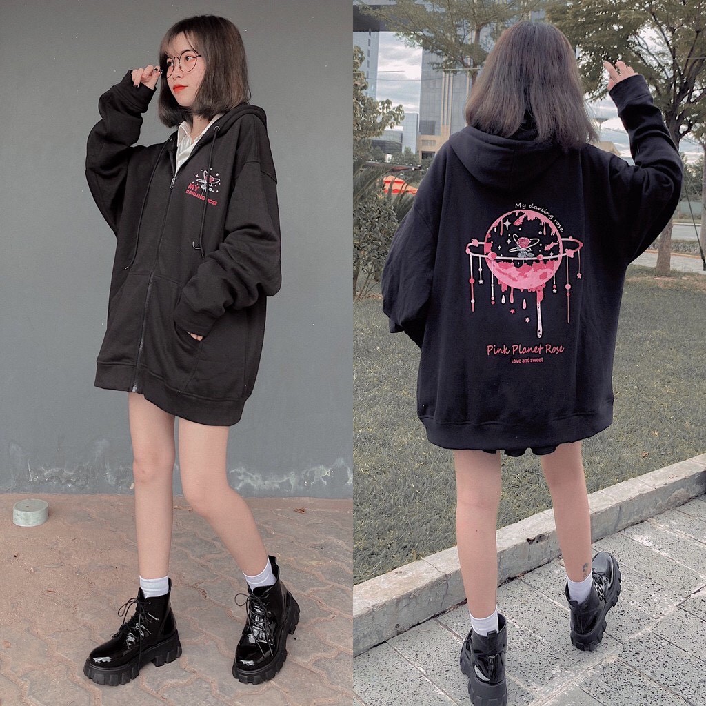 Áo khoác Hoodie THE FOX áó khoác nỉ bông dáng Unisex Form rộng phong cách Ulzzang in hình Planet Rose