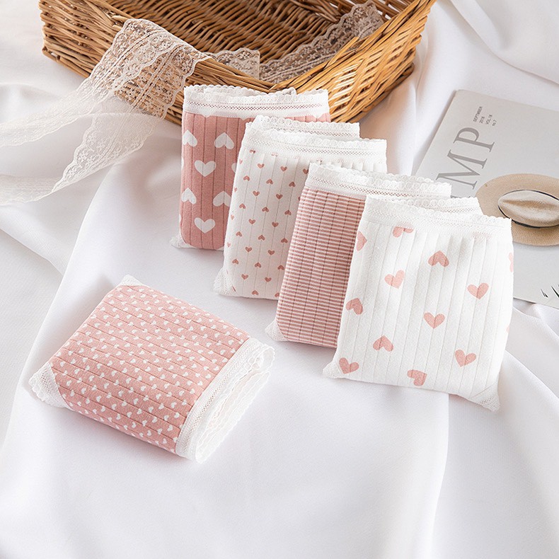 Quần Lót Cotton Tăm Co Dãn 4 Chiều Tim Hồng Dễ Thương