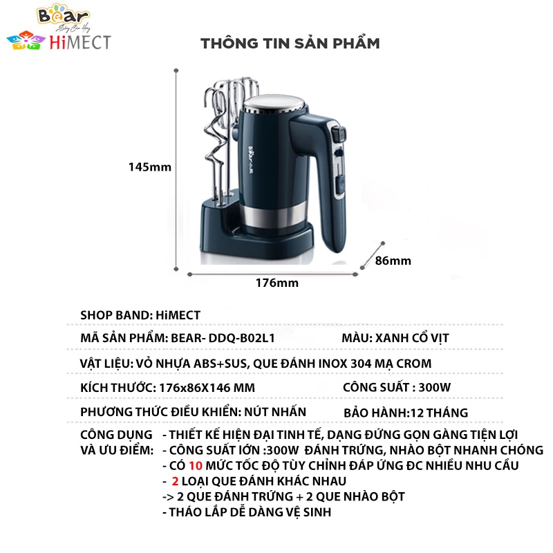 Máy đánh trứng trộn bột đánh kem cầm tay đa năng tiện dụng Bear B02L1 - HiMect