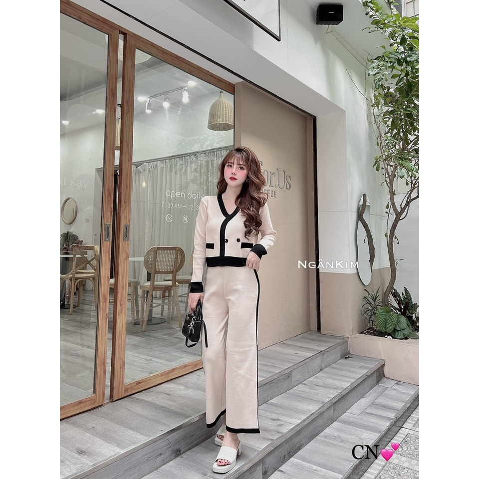 Set bộ len trơn viền cổ V 2 khuy hàng QC nhẹ nhàng