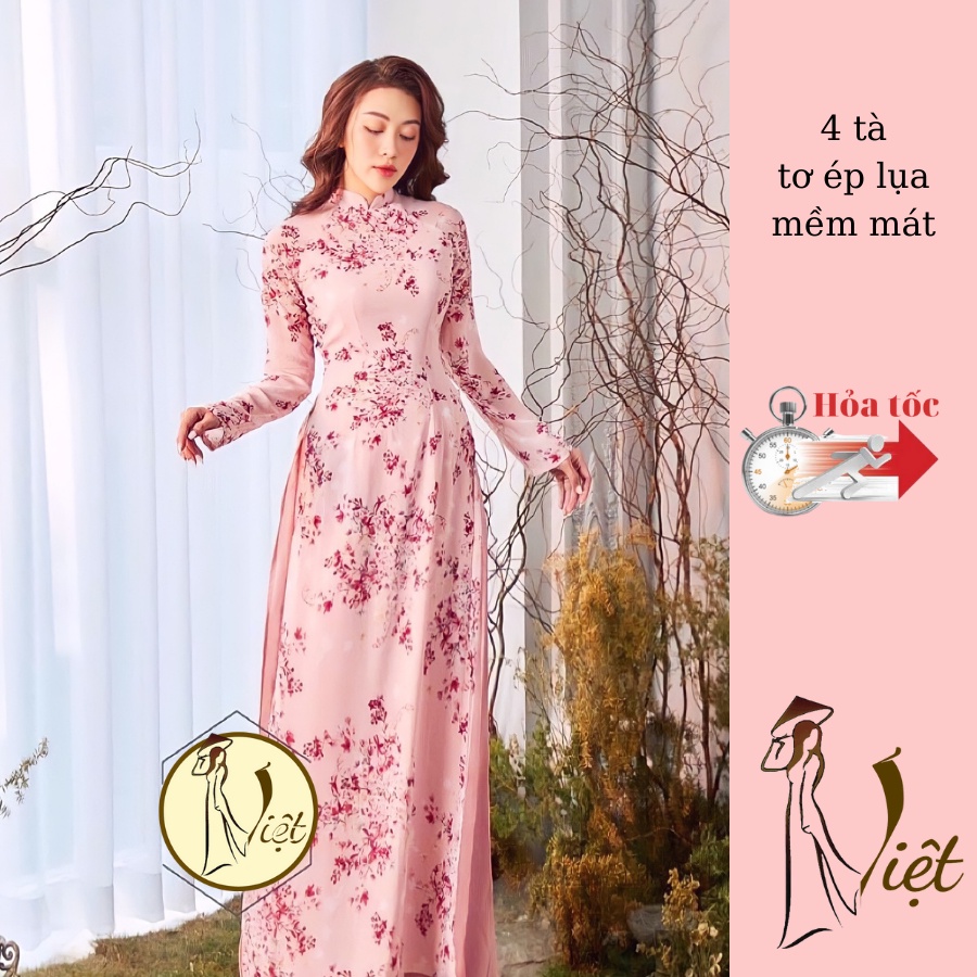 Áo dài hoa nhí 4 tà màu hồng phấn truyền thống may sẵn tơ ép cao cấp