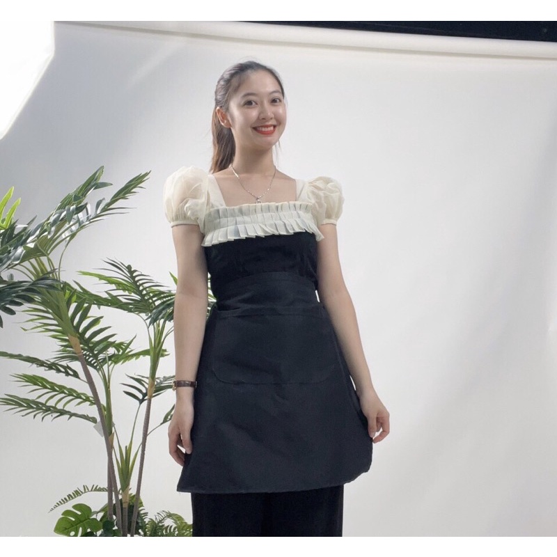 Tạp dề Ngắn màu đen  phục vụ Tạp dề phục vụ có túi Tạp dề đồng phục Tạp dề nhân viên sẵn hàng kèm video TD-Nửa-M