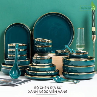 Bộ chén bát đĩa sứ xanh ngọc lục bảo viền vàng phong cách Bắc Âu cao cấp GP-0636