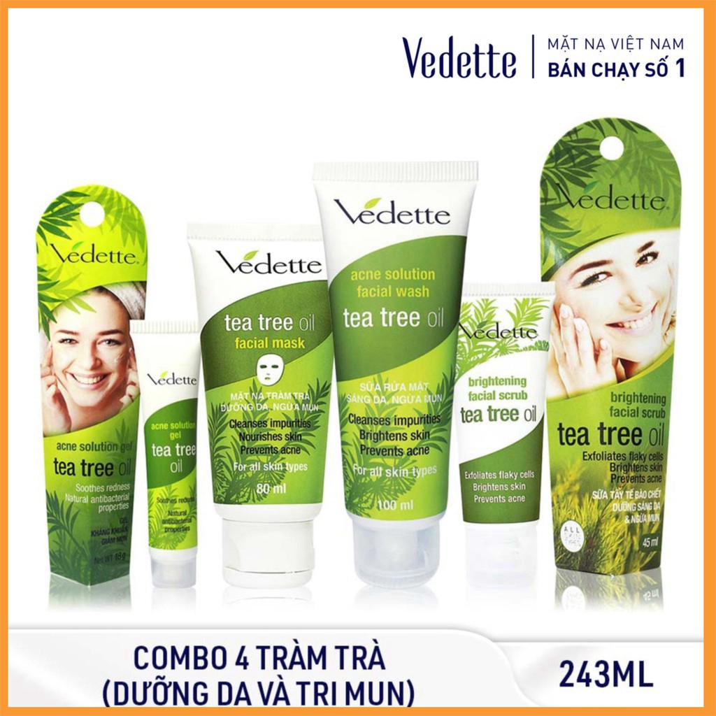 ❤️ BỘ 04 SẢN PHẨM DƯỠNG DA - NGỪA MỤN TIN CHẤT TRÀM TRÀ TEA TREE OIL VEDETTE