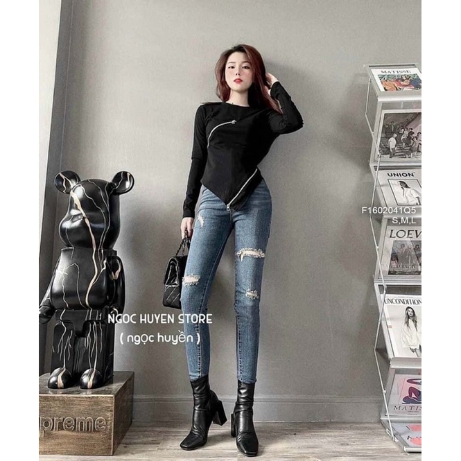 Quần jeans dài rách đùi
