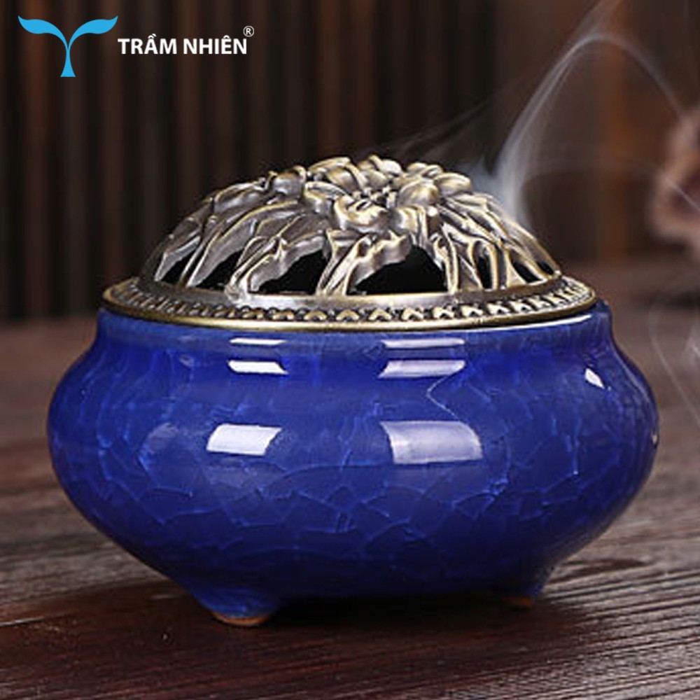 [Mua lư tặng trầm] Lư Xông Trầm Gốm Sứ Bát Tràng màu Xanh Biển- Có lót bạc