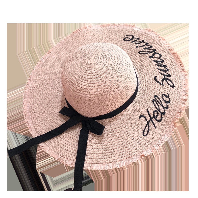 Mũ cói vành tròn đính nơ thêu chữ Hello Sunshine dành cho bạn gái đi biển mùa hè nón cho bạn nữ mã 03