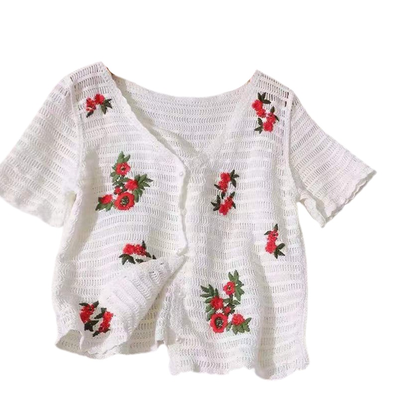 Áo Khoác Cardigan Dệt Kim Tay Ngắn Cổ Chữ V Đính Nút Thêu Hoa Phong Cách Boho Thời Trang Mùa Hè Cho Nữ