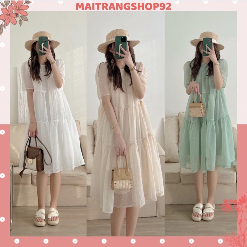 Váy đầm babydoll voan tơ chấm bi 2 lớp tay ngắn phong cách tiểu thư ulzzang (TTA123)