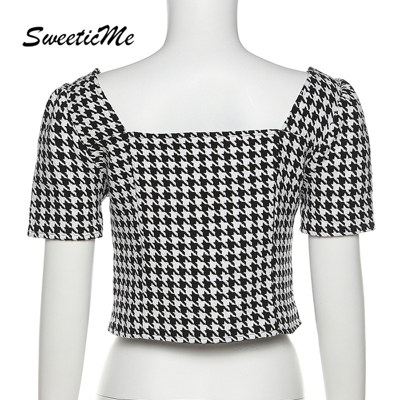 Áo Kiểu Cardigan Cổ Vuông Tay Ngắn Dáng Ôm Họa Tiết Kẻ Sọc Ca Rô Hàng Mới SweeticMe 022 Thời Trang Cho Nữ