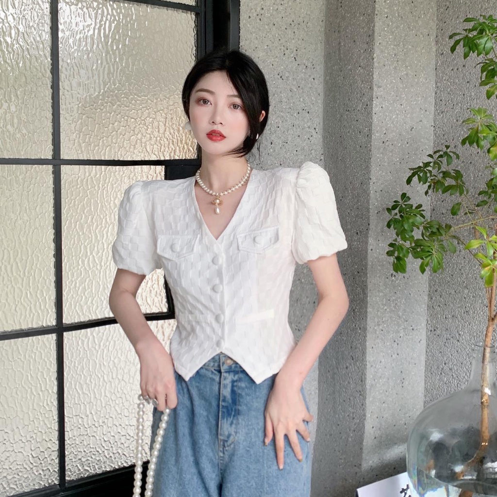 Áo Sơ Mi Tay Ngắn Cổ Chữ V Thời Trang Mùa Hè Phong Cách Pháp Hàng Mới Cho Nữ
