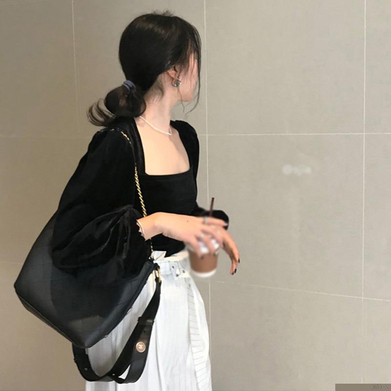 Áo thun tay dài cổ vuông màu sắc thanh lịch thời trang cho nữ