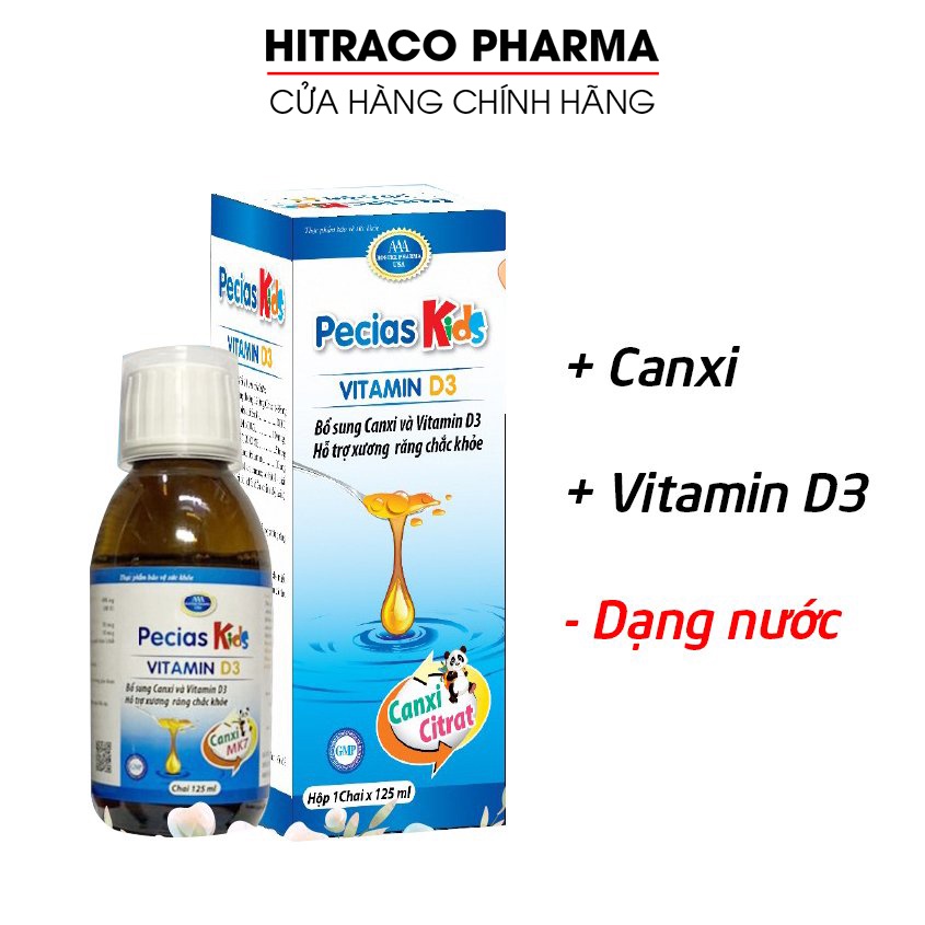 Siro canxi, vitamin D3 K2 dạng nước cho bé giúp xương răng chắc khỏe - Chai 125ml (Pecias Kids Vitamin D3)