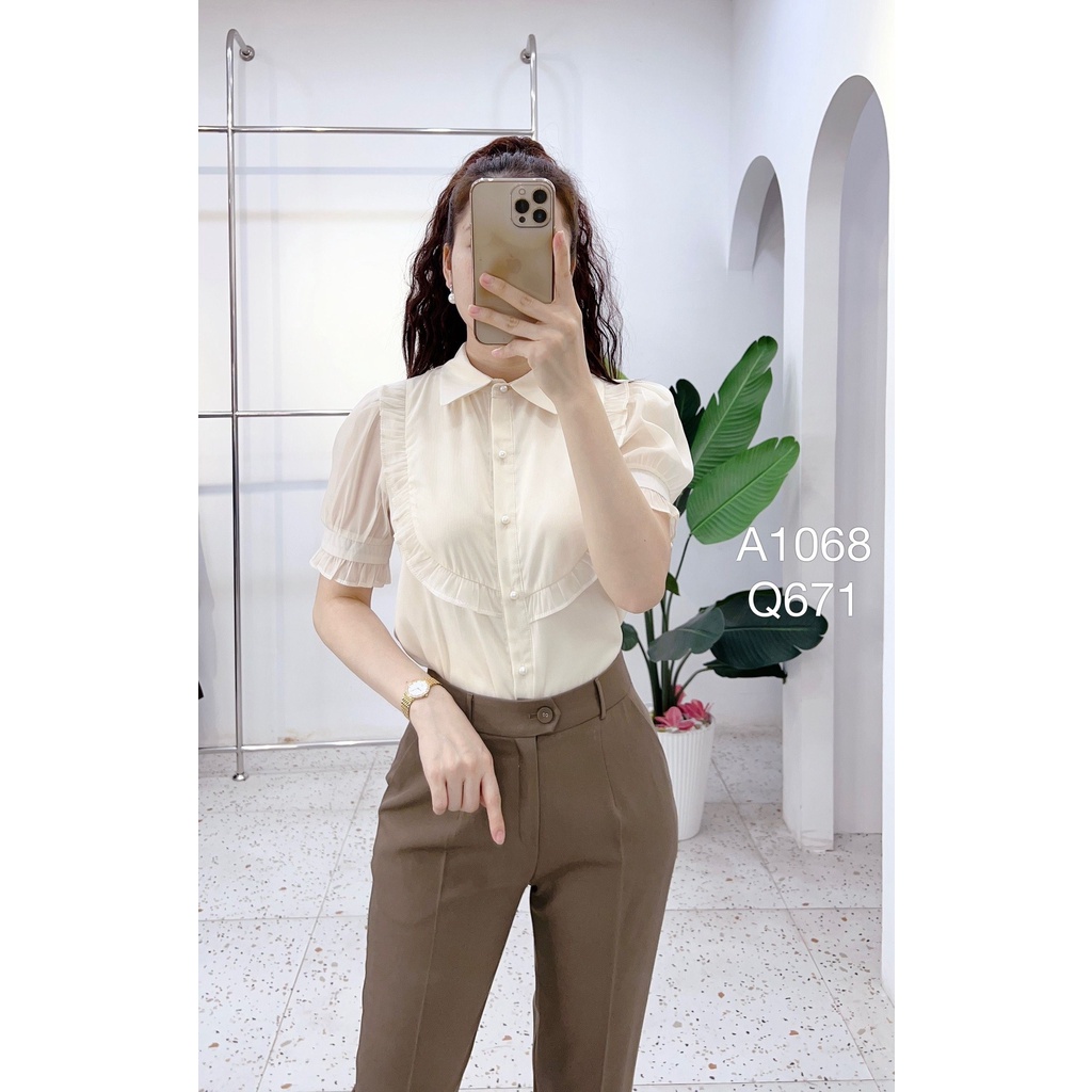 Áo tơ cộc bèo ngực - Be/Hồng A1068