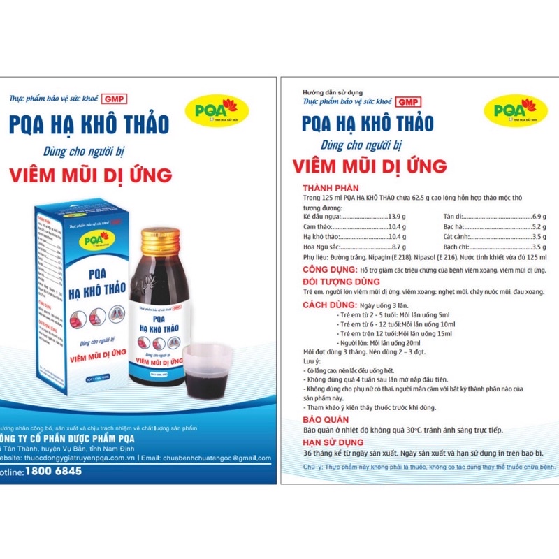 Hạ khô thảo PQA hỗ trợ thông mũi, thông thoáng đường thở chai 125ml