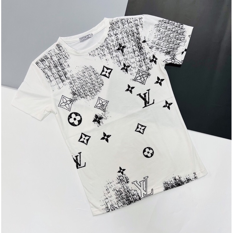 Áo thun cổ tròn tay ngắn in họa tiết chữ LV loang màu phong cách bụi bặm cá tính dành cho nam nữ hot trend 2022