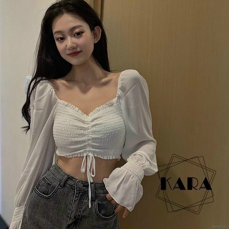 Áo Croptop Trễ Vai Voan Rút Nhún Thân Tay Dài A5020