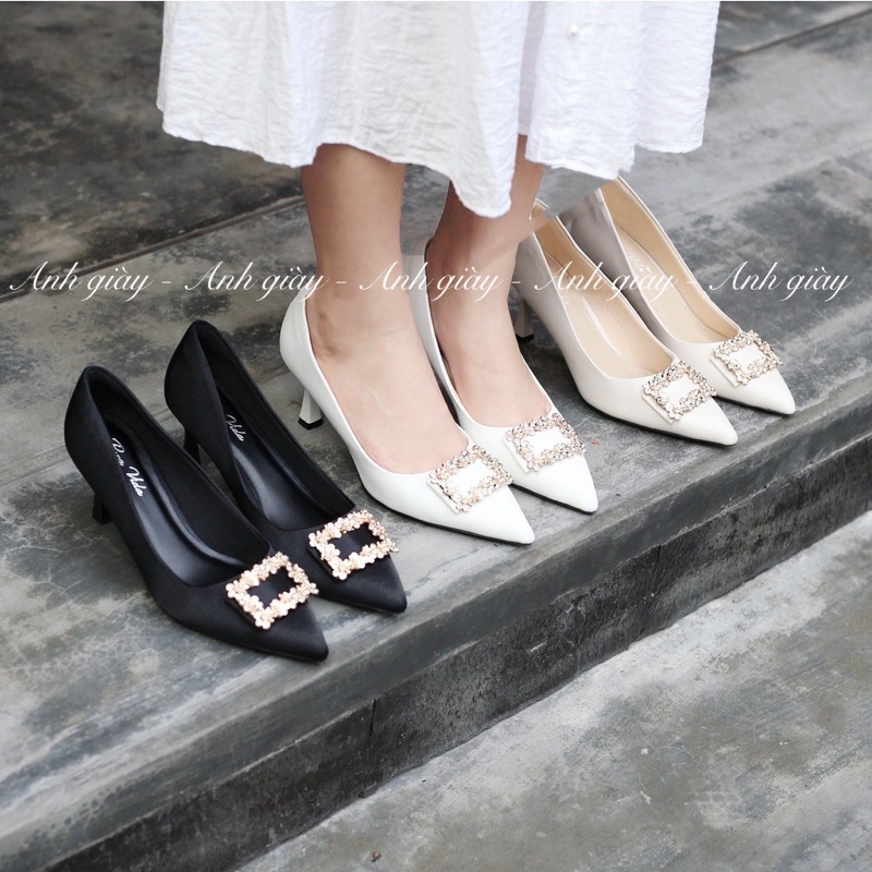 CG07 - Giày cưới, Giày cô dâu,Giày cao gót da lộn gót nhọn 7p nơ khoá vuông đá siêu sang , cực chắc chắn phù hợp dự tiệc