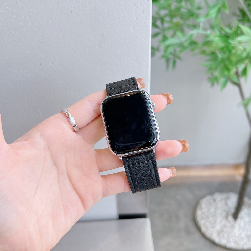 Dây Đeo Bằng Da Thật Thoáng Khí Cho Đồng Hồ Thông Minh Apple Watch Series 7 SE 6 5 4 3 2 1Buckle 38 40 41 42 44 45mm