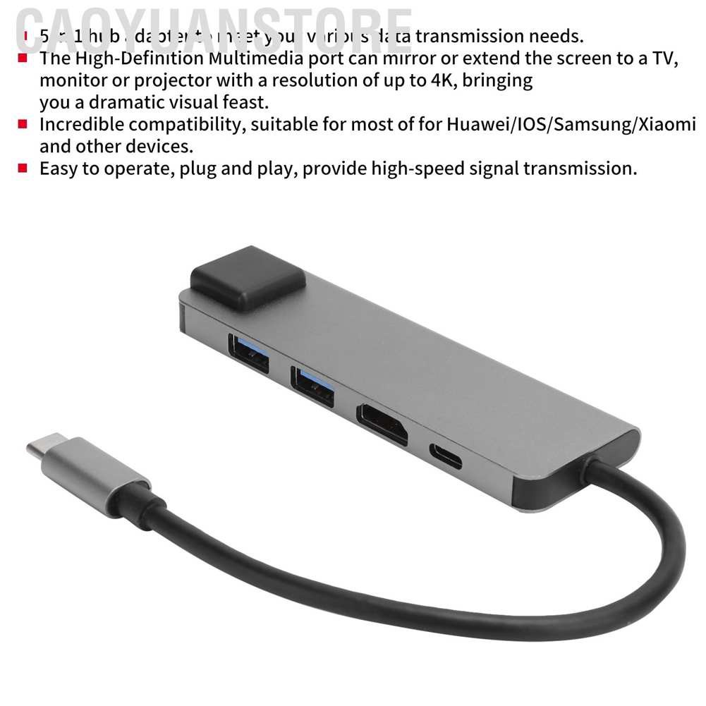 Caoyuanstore 5 In 1 USB-C Hub 4K HDMI Type-C to PD RJ45 USB3.0 Adapter for iOS Samsung