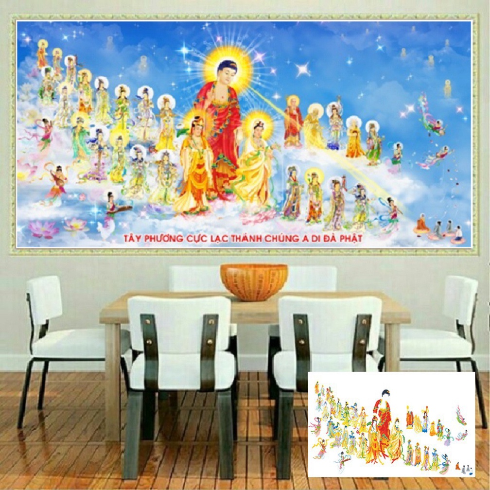 Tranh đính đá phật tây phương cực lạc KT:136x75cm. Tranh gắn đá chưa gắn.