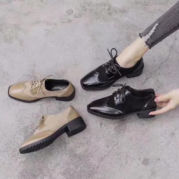 (Có sẵn Đủ size) Giày Oxford nữ cao cấp phối da lộn da lì (Màu Đen Nâu) Đế cao su 4p phân cm tôn dáng dễ phối đồ -h91 | BigBuy360 - bigbuy360.vn