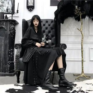 (Sẵn) 😎 Set đồ đen siêu cá tính - Áo váy sơ mi kèm thắt lưng 3 tầng