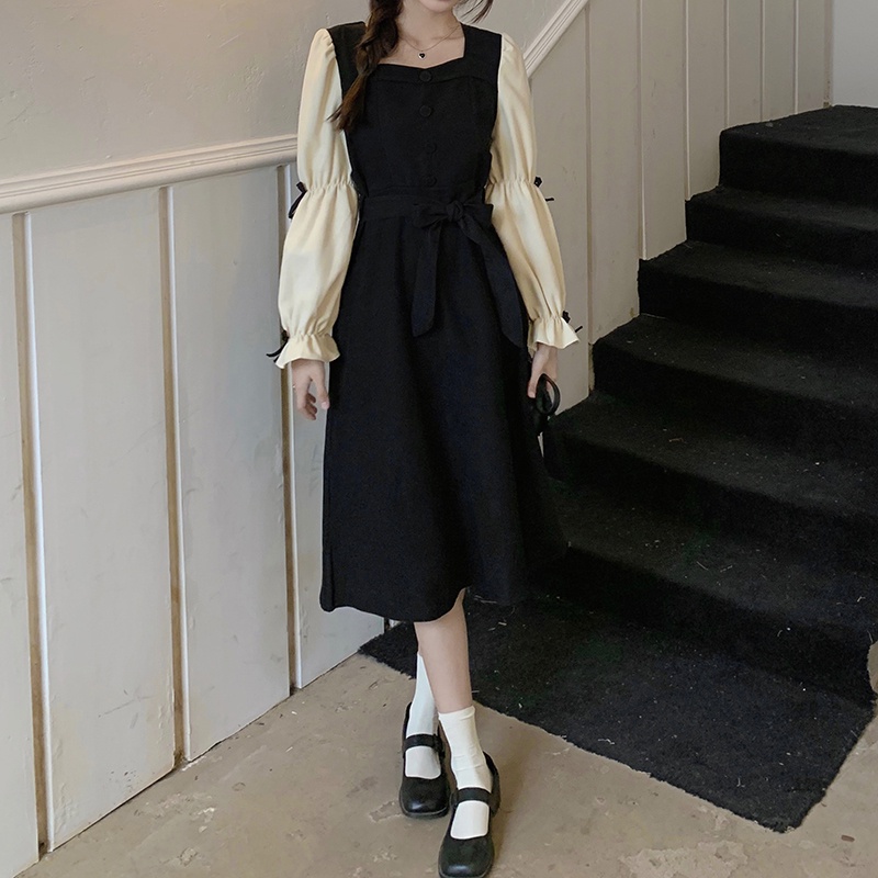 Đầm midi SUXI dáng chữ A dài tay cổ vuông thời trang mùa thu dành cho nữ