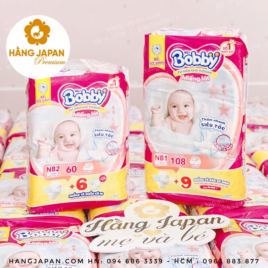 Bỉm Bobby miếng lót Newborn NB1 - 180 miếng/ NB2 - 60 miếng cộng miếng cho bé