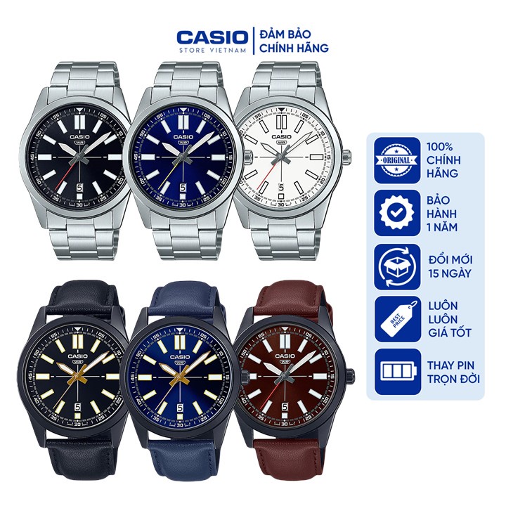 Đồng hồ Nam Casio MTP-VD02, đồng hồ chính hãng, Dây Kim Loại và Dây Da, Chống Nước tốt