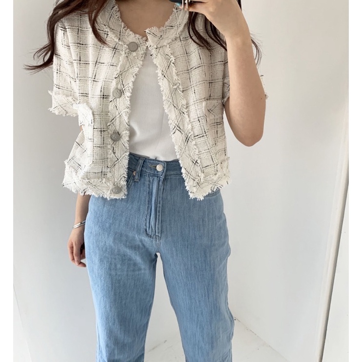 Áo dạ tweed ngắn tay xuân hè hoạ tiết đen trắng kẻ sọc caro áo khoác croptop cổ tròn tua rua cúc