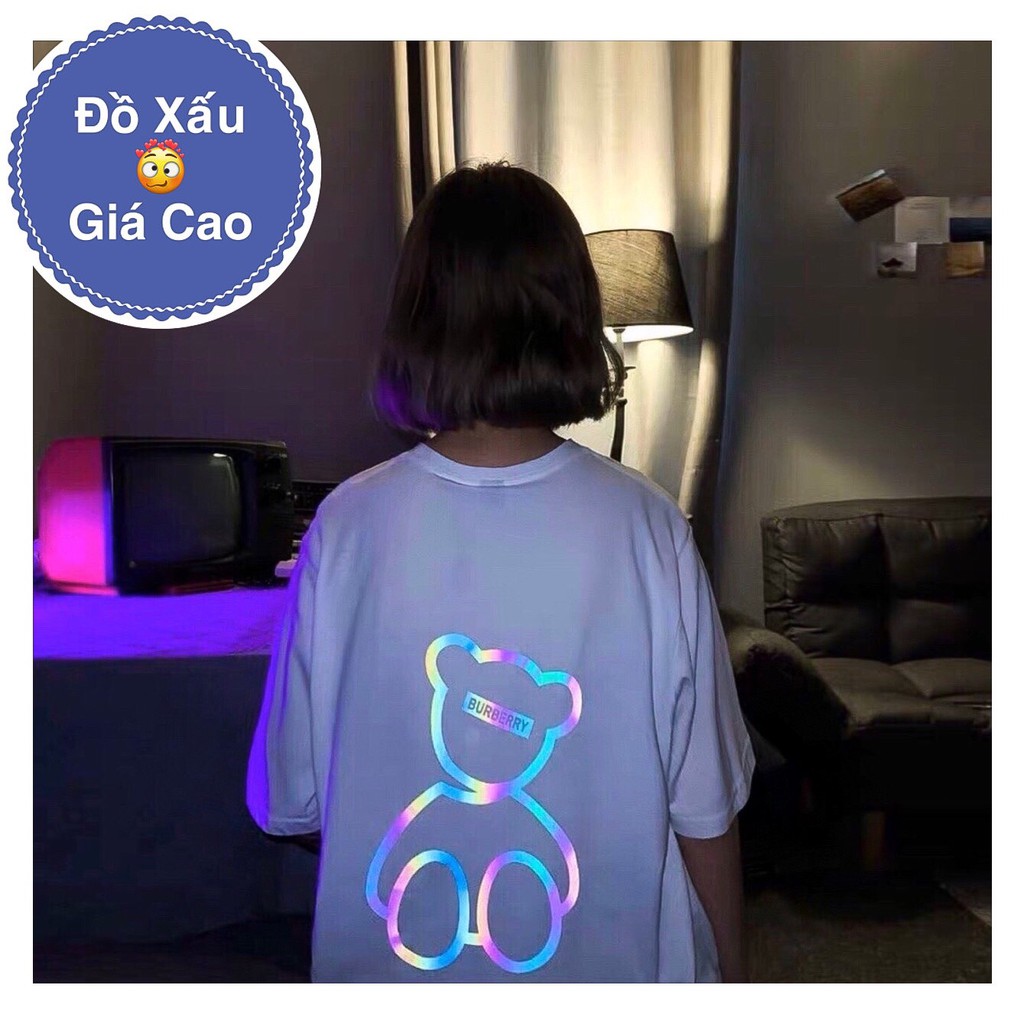 Áo thun trắng phản quang hình gấu. Áo Unisex from rộng tay lỡ chất vải cotton dày dặn.