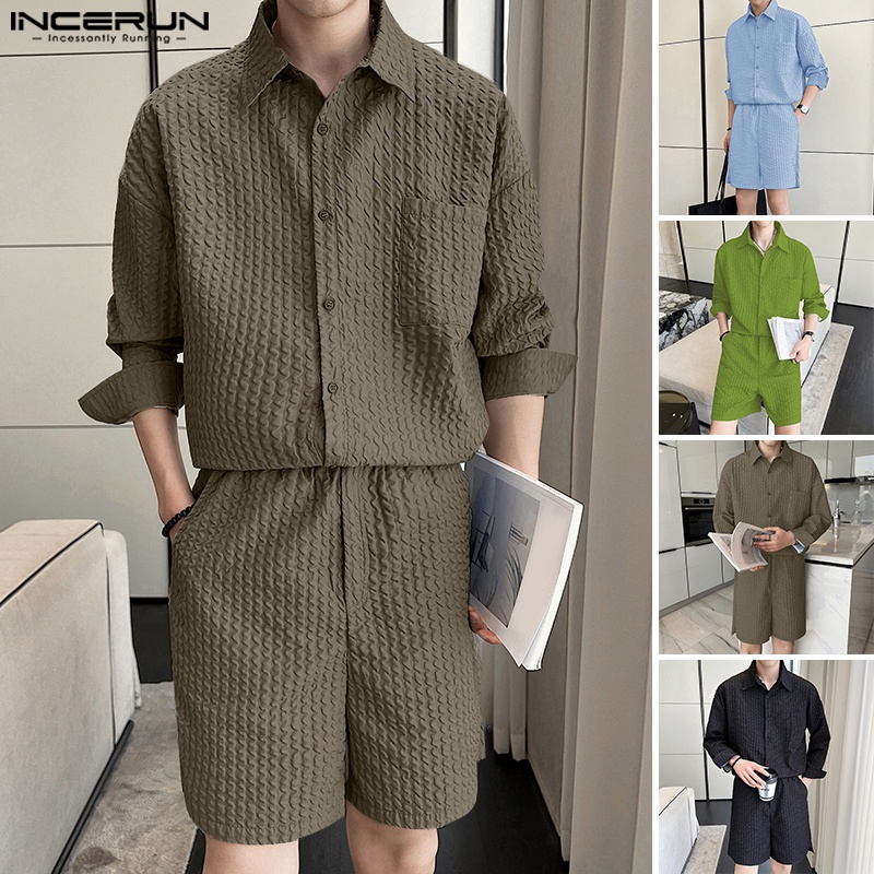 Set trang phục INCERUN áo thun dài tay có cổ + quần short ống rộng thời trang cho nam