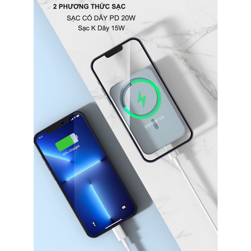 Sạc Dự Phòng Không Dây PD 20W Fonemax FMS-V11 5000mAh,Sạc không dây từ tính Max 15W